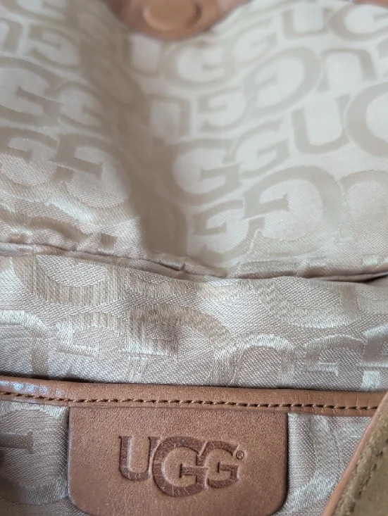 UGG Tan Suede Crossbody with Floral Embroidery Wool Trim Roomy Chic Lightweight - Picture 6 of 13